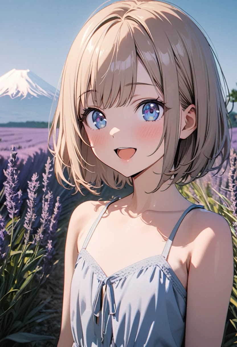 1 girl, 18yo, (flat chest: 1.5), blue eyes, light brown hair, bob cut, summer outfit, smile, open mouth, Lavender fields, big Lake, Mt. Fuji, upper body, bule sky, 8k, RAW photo, best quality, masterpiece, extremely detailed 8k wallpaper, ultra-detailed, best shadow, detailed background, beautiful detailed face, beautiful detailed eyes, nice hands, perfect hands