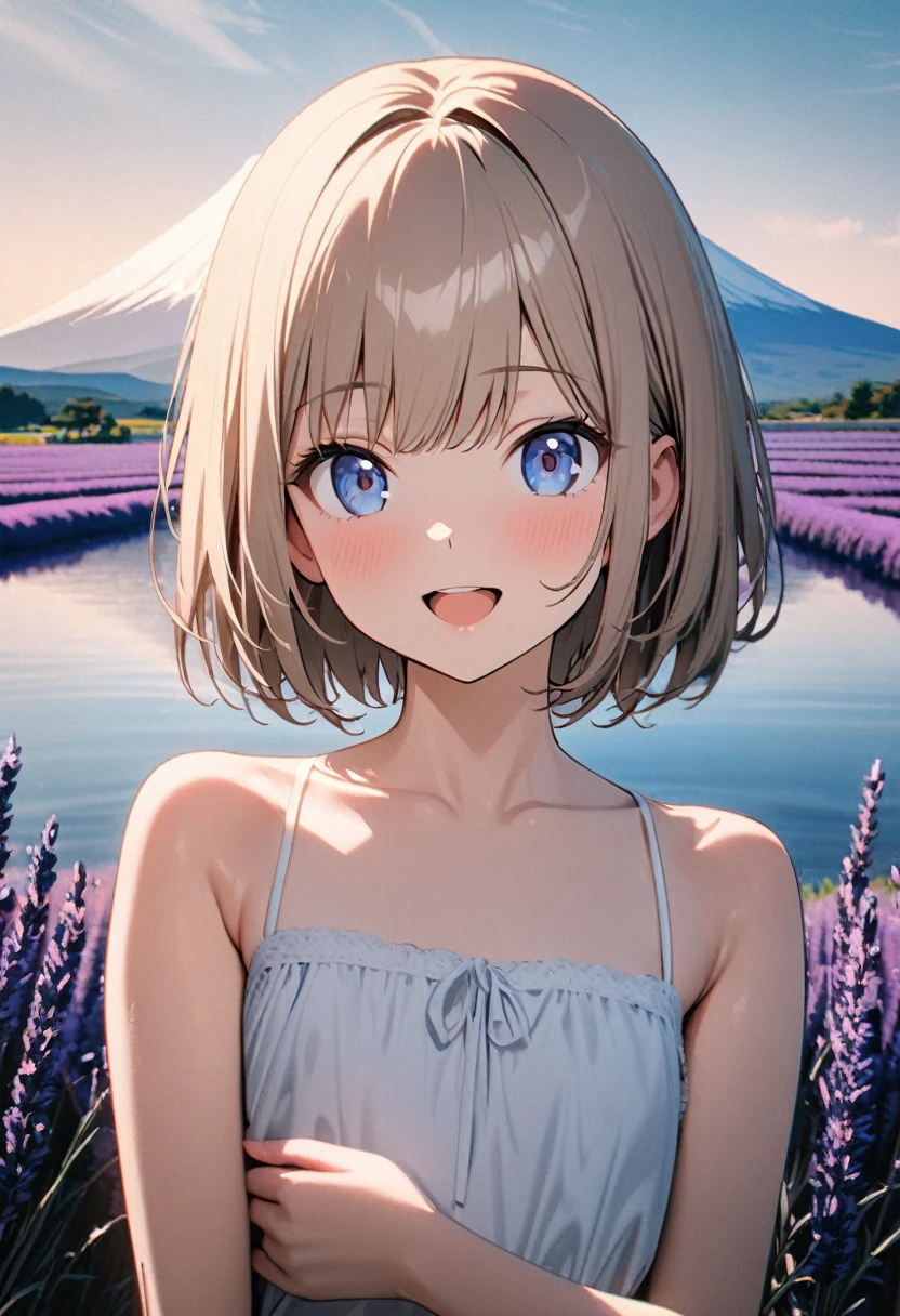 1 girl, 18yo, (flat chest: 1.5), blue eyes, light brown hair, bob cut, summer outfit, smile, open mouth, Lavender fields, big Lake, Mt. Fuji, upper body, bule sky, 8k, RAW photo, best quality, masterpiece, extremely detailed 8k wallpaper, ultra-detailed, best shadow, detailed background, beautiful detailed face, beautiful detailed eyes, nice hands, perfect hands