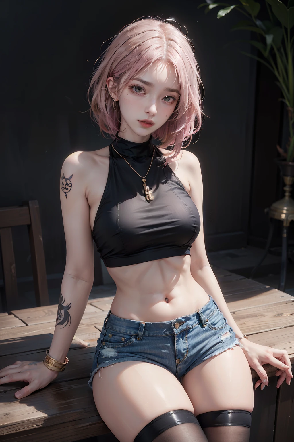 Women, early 20s, short silky pink hair with yellow tips, gold armlet, gold bracelet, golden eyes, seductive look, golden hair pinns, golden key necklace, big breast, Inc black tattoo, black thigh highs, shiny skin, side boob, underboob, arm tattoo, belly tattoo, tight clothes, midriff tank top, short denim shorts, Breast tattoo. Thigh tattoo. Tattoo on the thighs.