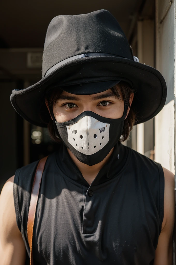 make a guy wear a mask and hat to show his eyes