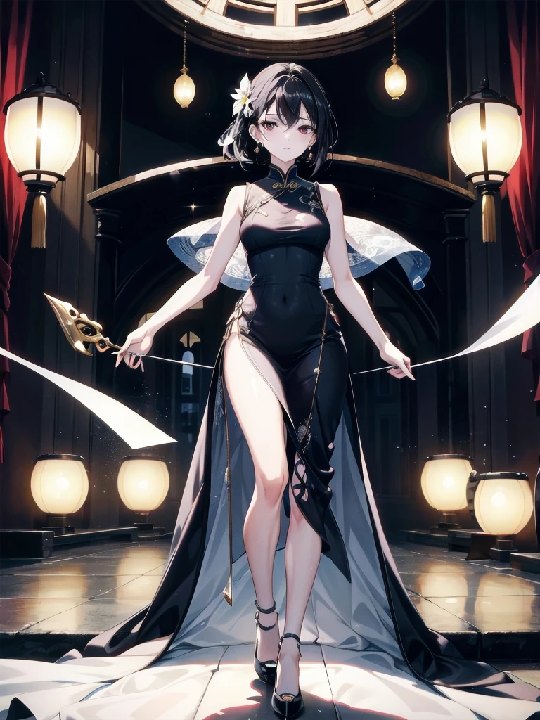 absurdres, RAW photo, extremely delicate and beautiful, masterpiece, Best Quality, ultra high resolution, 32k, hyperrealistic, ultra-detailed, perfect figure, in her 20s, very small head, very small face, delicate facial features, tearful mole, earring, huge breasts, legs, full body shot, medium hair, black hair, cheongsam, sleeveless, deep slit,
