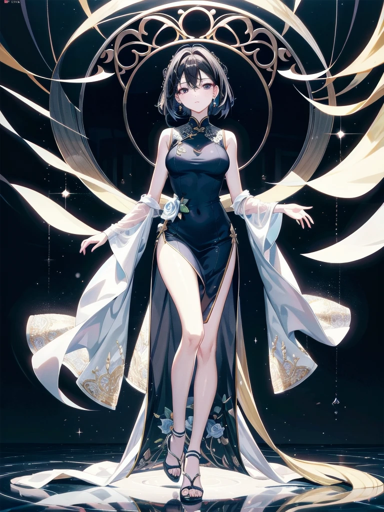 absurdres, RAW photo, extremely delicate and beautiful, masterpiece, Best Quality, ultra high resolution, 32k, hyperrealistic, ultra-detailed, perfect figure, in her 20s, very small head, very small face, delicate facial features, tearful mole, earring, huge breasts, legs, full body shot, medium hair, black hair, cheongsam, sleeveless, deep slit,