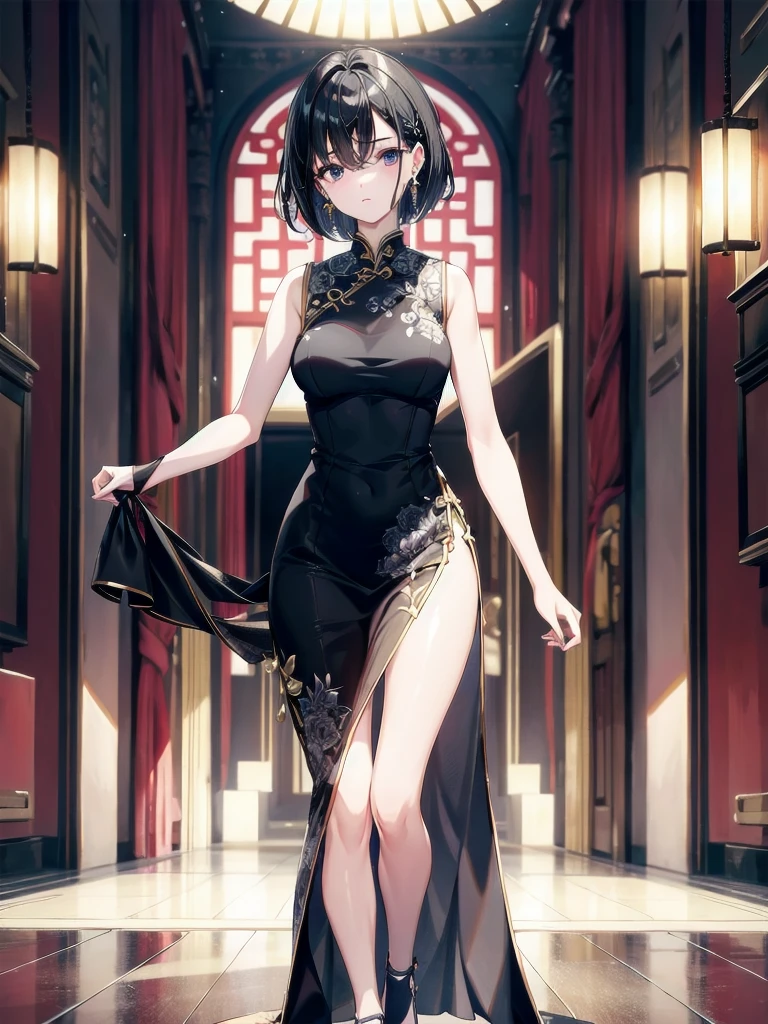 absurdres, RAW photo, extremely delicate and beautiful, masterpiece, Best Quality, ultra high resolution, 32k, hyperrealistic, ultra-detailed, perfect figure, in her 20s, very small head, very small face, delicate facial features, tearful mole, earring, huge breasts, legs, full body shot, medium hair, black hair, cheongsam, sleeveless, deep slit,