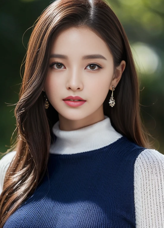 (female, 22 years old), (Huge tits:1.3), rose garden、many red roses on the background、 ((Shaking hands with viewers)), (masterpiece: 1.3), (highest resolution: 1.4), (Ultra HD: 1.2), Cinematic lighting, Ultra HD, (Detailed eyes and skin), (Detailed facial features), nffsw, 8k resolution, perfect style, Beautiful face、Highly detailed facial and skin textures、Detailed eyes、Double eyelids、(Dark eyeshadow and eyeliner:1.2)、Thin cheeks、(White and bright skin:1.5)、shiny earrings,Red Rouge:1.2、glossy lips:1.2、((Full body shot:1.2))、((From a distance, very close:1.2))、((Navy high neck knit dress))、high-heels、(layered hairstyle、brown hair)、medium length hair、(Ask for a kiss.:1.2)