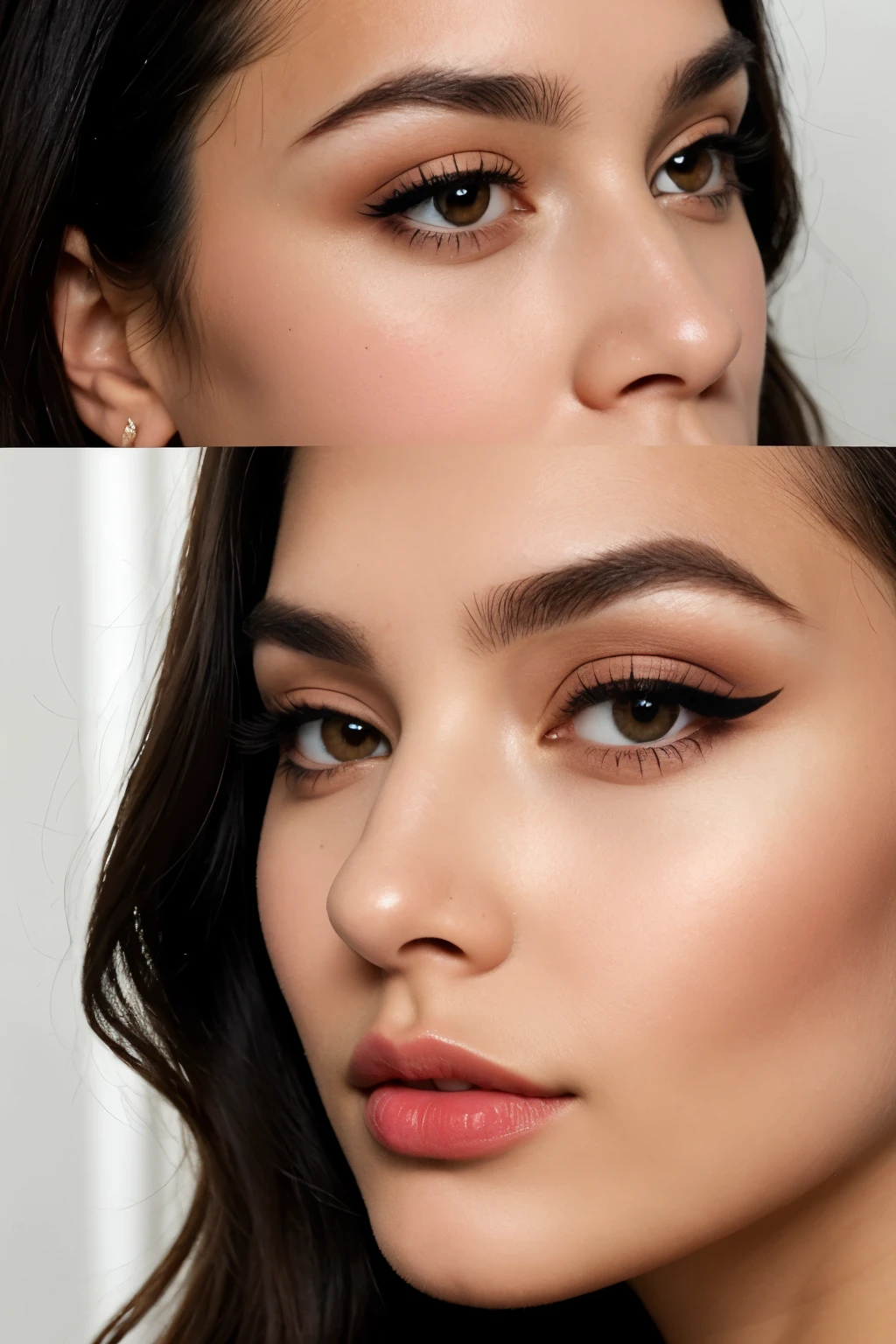 a normal beauty girl, brunette, with black hair, A flawless, full-coverage foundation that creates a smooth, even complexion. The foundation should be long-wearing and have a radiant finish to ensure the skin looks luminous all evening.
Subtle contouring to define the cheekbones, jawline, and nose. A soft, champagne highlighter applied to the high points of the face (cheekbones, brow bones, the bridge of the nose, and cupid's bow) to add a natural glow.
A dramatic smokey eye using shades of deep plum, charcoal, and black. Start with a lighter base color, then blend the darker shades into the crease and outer corner of the eyes. Add a touch of shimmer in the inner corners for a pop of sparkle.
A bold, black liquid eyeliner to create a sharp, winged look. Extend the wing slightly for a more glamorous effect.
Voluminous black mascara on both the top and bottom lashes. Add a pair of full, wispy false eyelashes for extra drama and depth.
Well-groomed eyebrows with a slight arch. Use an eyebrow pencil or powder to fill in any sparse areas and define the shape. Finish with a clear brow gel to keep them in place.
Define the lips with a nude or deep berry lip liner. Fill in with a matching matte lipstick for a long-lasting finish. For an added touch of elegance, top with a high-shine gloss in the center of the lips.
A soft, rosy blush applied to the apples of the cheeks, blending upwards towards the temples for a natural flush of color.