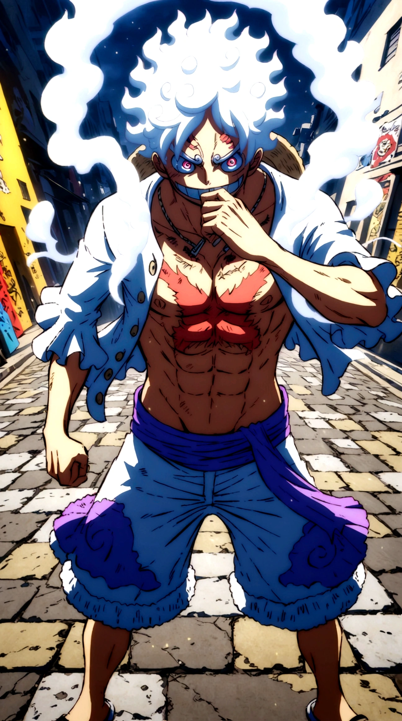 strong muscular boy with Guan Yu tattoo on his toned chest, street style, high-resolution details, urban vibe, vibrant colors, dramatic lighting