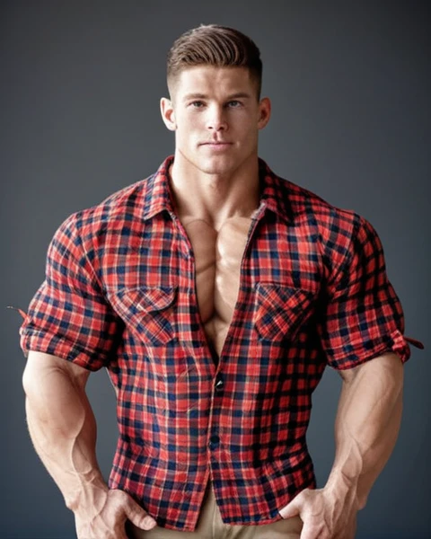 Broad muscular shoulders, Chest muscles, abdomen, Vascular biceps and triceps, Flannel shirt, Handsome,warrior,cream