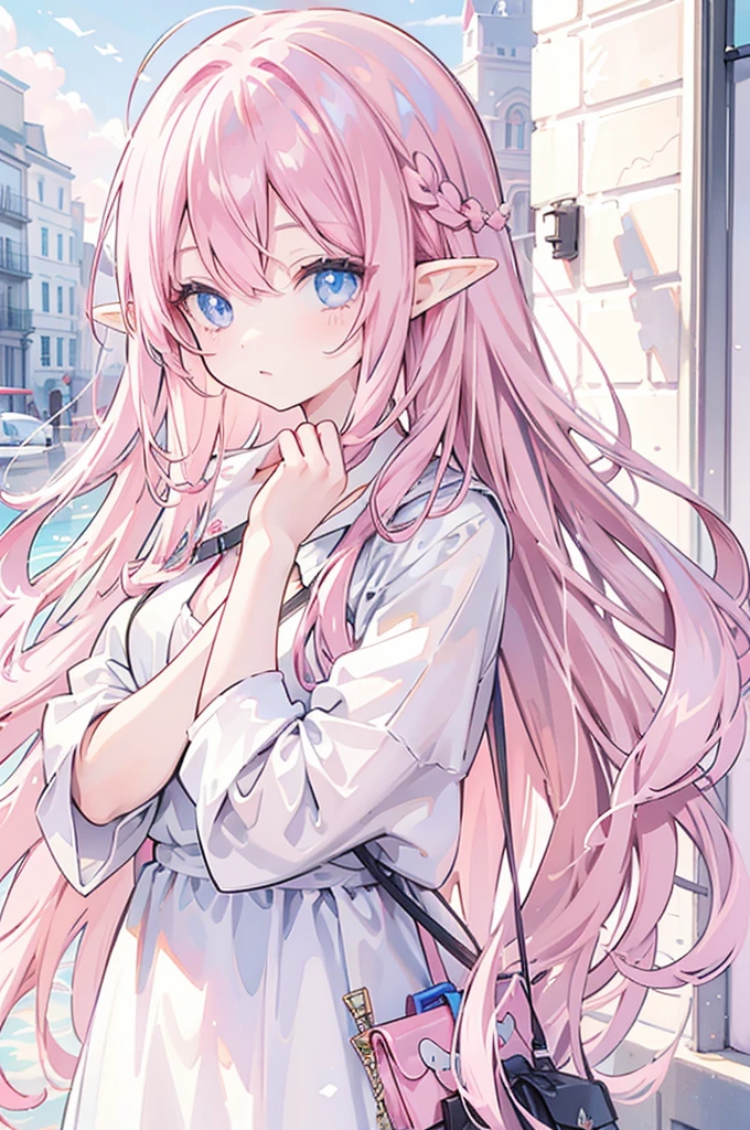 Woman, long wavy hair, pink hair, blue eyes, elf