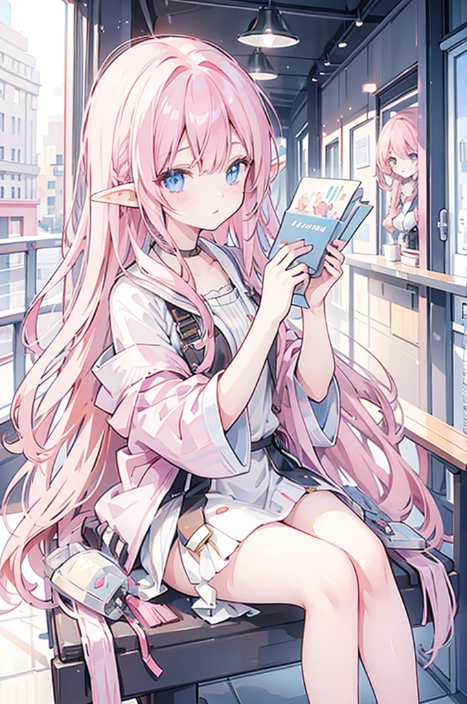 Woman, long wavy hair, pink hair, blue eyes, elf