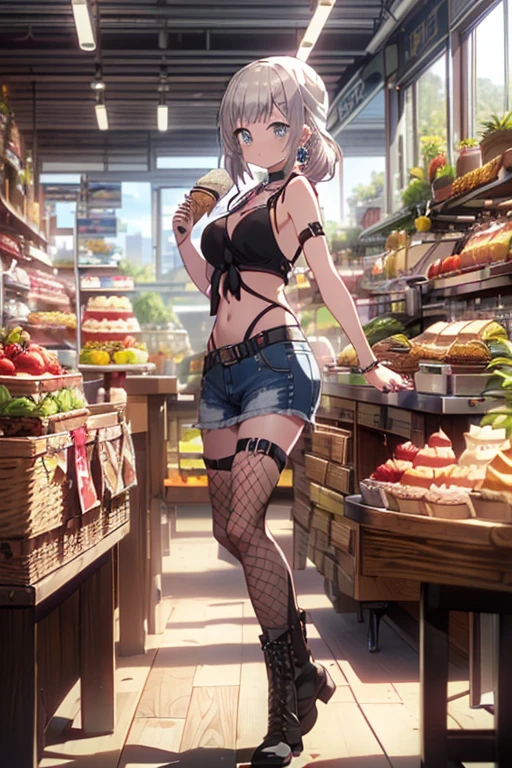 (perky chest:1.2), (pointed chest:1.2),(icecream magazine cover:1.3),(from below:1.2),(shoot from the side:1.1),(((Black Tunic:1.3))),(((cakes and bread in the basket),a 23yo Cute and beautiful girl,masterpiece、highest quality、Very detailed、Beautiful fine details、Detailed landscape、Braided Ponytail、Red camisole、((B cup breasts, Tank top showing underboob:1.0)), thigh strap, bangs, necktie, earrings, nail polish, fishnet pantyhose, silver hair, looking at viewer, full body, bottle, own hands together, belt, food, ring, choker, english text paper:1.2, collared shirt, blue eyes, hat,lace-up boots ,
