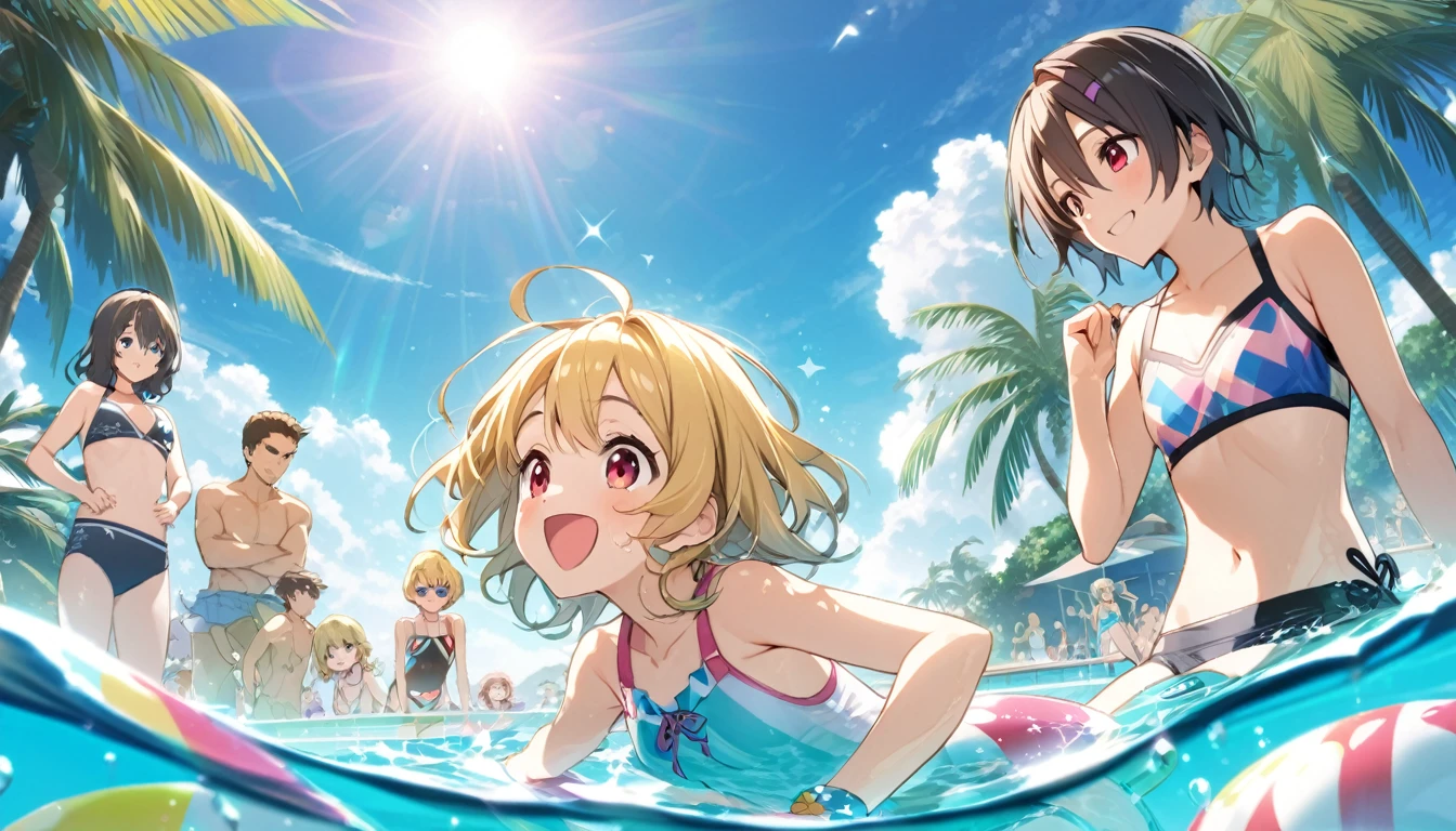 In the pool, colorful swim rings and beach balls are scattered、A scene of men and women in stylish swimsuits having fun。In the background you can see blue sky and palm trees.、The sunlight reflects off the water surface, making it sparkle。Everyone is smiling、There&#39;s a friendly atmosphere。