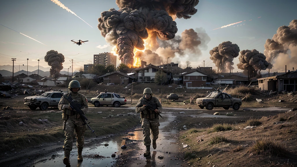 In the heart of the modern bgmi, soldiers clad in advanced combat gear navigate the dystopian landscape, their surroundings marked by the aftermath of conflict. Soldiers shooting from trenches, Many soldiers are running with their rifles. Smoke billows in the distance as high-tech weaponry and futuristic vehicles hint at the evolving nature of warfare. Many drones are dropping lots of small bombs from the sky, many explosions, lots of drones are flying in the sky, ultra realistic, 4k.