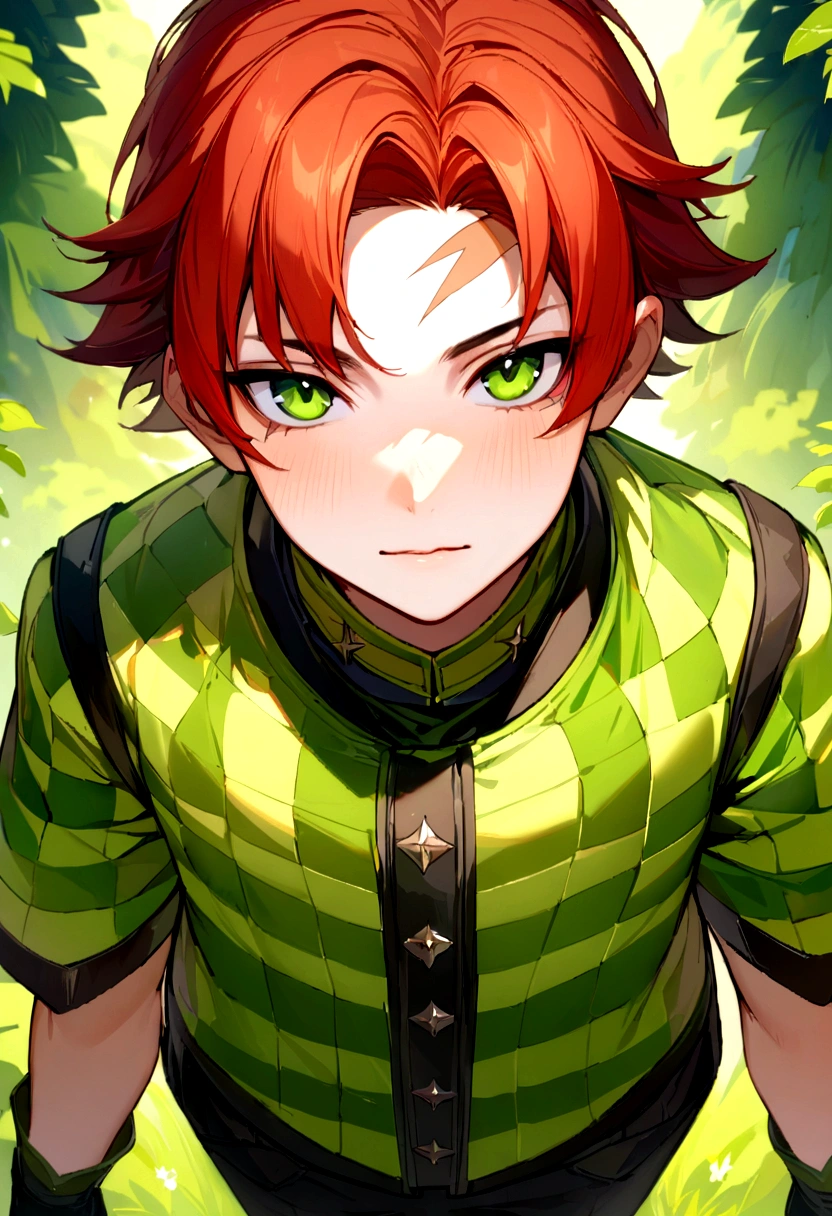 (14歳のjuvenile一人:1.2),(male face details:1.2),Eye details,cute,View your viewers, face,Description Empty,good looking,young,juvenile,((masterpiece:1.4,Highest quality)),Multiple details, eye shadow,SFW, Full Shot, Green Valley,
(beginning), (Original Costume), (scar,scar ON FOREHEAD, Checkered clothing, One boy, Redhead),Green and black clothes, High resolution, Ultra-detailed characters,
