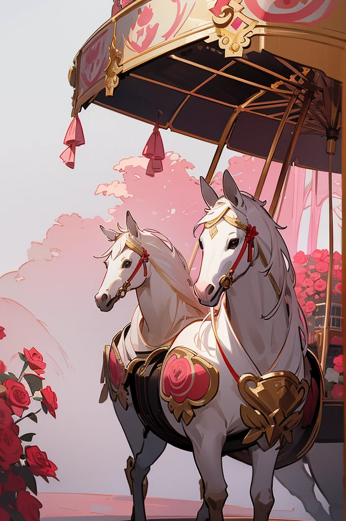 horse carousel,white color with pink tones and gold details,with bushes of red roses and it being winter time