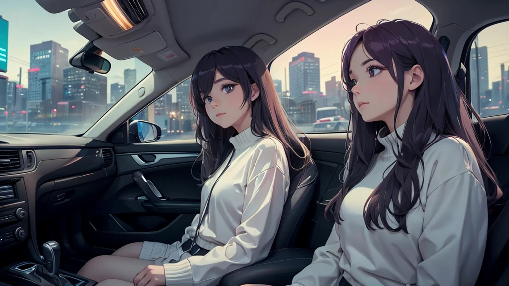 Create an image from the angle inside a car, showing a woman with a thoughtful expression on her face as she gazes out of the side window at the cityscape. The city outside should be visible, illuminated by streetlights and neon signs. Use soft, pastel colors and subtle gradients to capture a dreamy, reflective atmosphere. Ensure the interior of the car feels cozy and comfortable, adding to the overall serene vibe. 80's city pop style.

