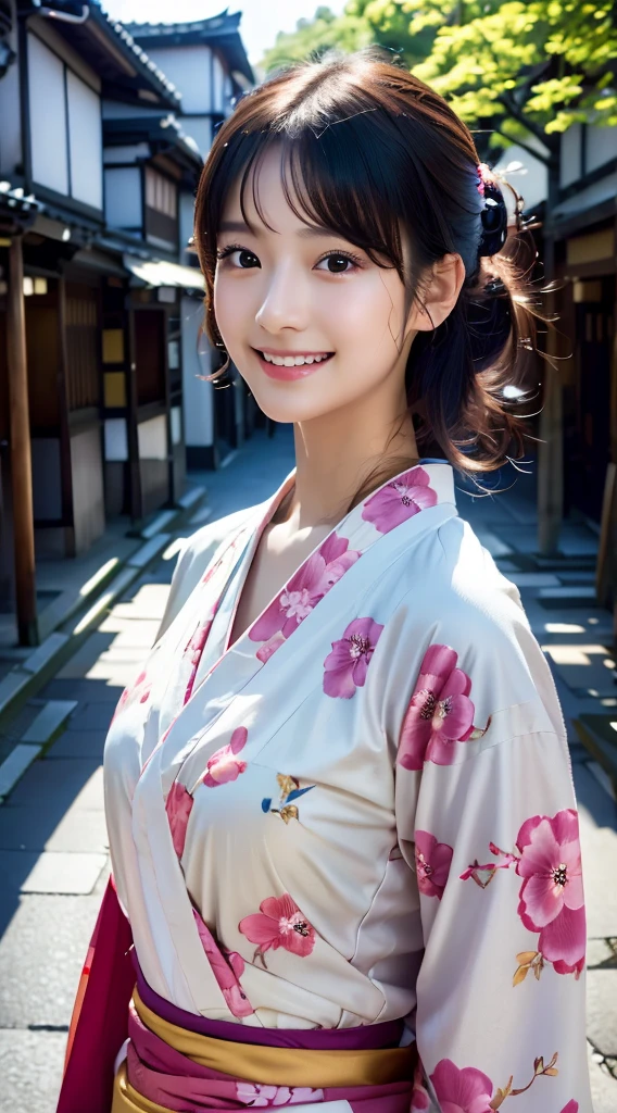 Professional Lighting,(Realistic:1.4), (Top image quality:1.0), (超High resolution:1.0), 8K, Raw photography, (masterpiece:0.2), (Dealing with Children_v1:0.5)、(最高quality Detail:1.2)、Realistic、8K Ultra HD、High resolution、(1 Girl:1.2)、超detailedな、High quality textures、複雑なdetailed、detailed、Very detailed CG、High quality shadows、detailed 美しく繊細な顔、Beautiful details and a delicate eye、(Symmetrical eyes:1.2),Written boundary depth、Ray Tracing,1 Girl, Japanese Girls, (Natural smile:1.4),cute, thin, Portrait of a beautiful Japanese woman in a kimono, Standing elegantly on a street corner in Kyoto. Kimono with vibrant traditional patterns, Hair decorated with elegant and delicate hairpins, Gentle expression. (With the old streets of Kyoto in the background:1.4)、The soft light of a spring afternoon、Adding tranquility to the scene. Rendered in a Realistic style with great attention to detail, High resolutionの画像.Sky Porn, Magic Hour, (Realistic:1.3), finely, quality, (Tabletop:1.2), (Realistic:1.2), (最高quality), (複雑なdetailed), dramatic, Ray Tracing, photograph, +roller