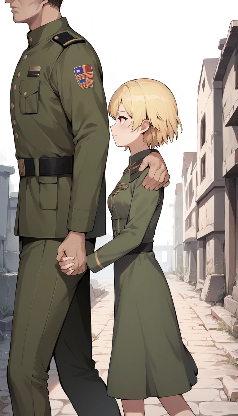 score_9, score_8_up, score_7_up, source_anime BREAK
1girl, 14yo, _young, from side, small breasts, dirty thorned rog dress, holding hands, hand on another's shoulder, blonde short hair, grey eyes, sad face, town ruins, outdoors, walking, size difference, male modern military uniform, faceless male, male face out of frame