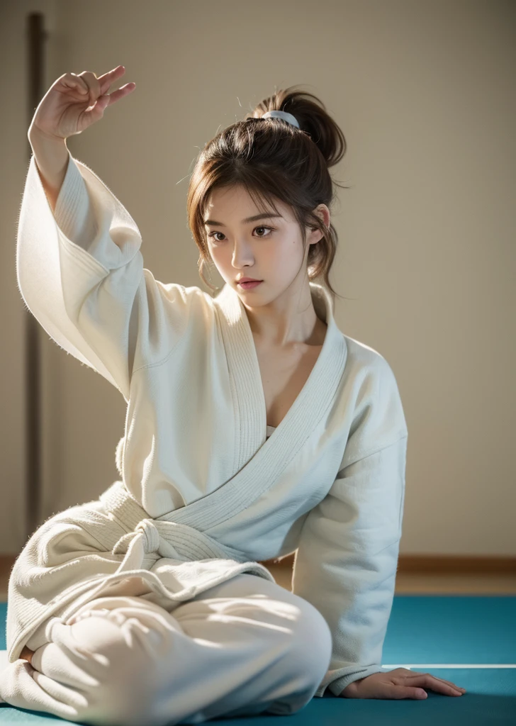 (Realistic, photo-Realistic:1.37),(8K, RAW Photos, Highest quality, masterpiece:1.2), Ultra-detailed, 超High resolution, Kodak Vision Color, Filmed with an Arricam LT camera,Highest quality, Lively, 8K, High resolution, 1 female, Japanese、Escape, (Professional Lighting), (Portraiture:0.6),Brown Hair, (Medium Hair),23 years old、judo、judo場、tatami、judo着を着て、ponytail、judoをして、Fight、 (((No extra arms))),