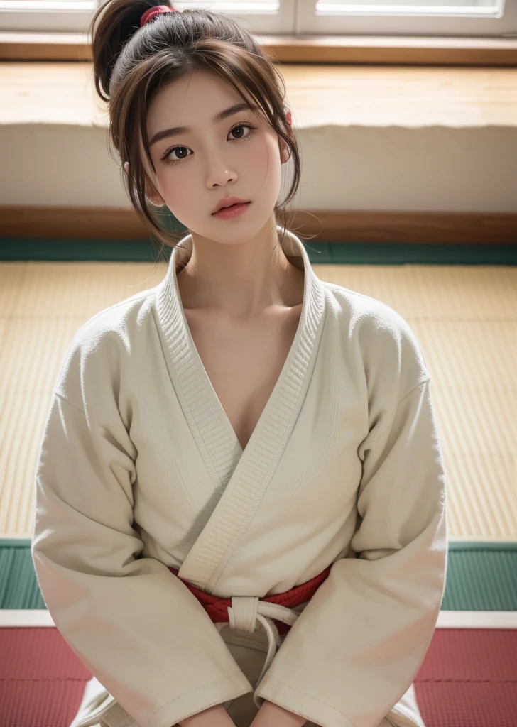 (Realistic, photo-Realistic:1.37),(8K, RAW Photos, Highest quality, masterpiece:1.2), Ultra-detailed, 超High resolution, Kodak Vision Color, Filmed with an Arricam LT camera,Highest quality, Lively, 8K, High resolution, 1 female, Japanese、Escape, (Professional Lighting), (Portraiture:0.6),Brown Hair, (Medium Hair),23 years old、judo、judo場、tatami、judo着を着て、ponytail、judoをして、Fight、 (((No extra arms))),