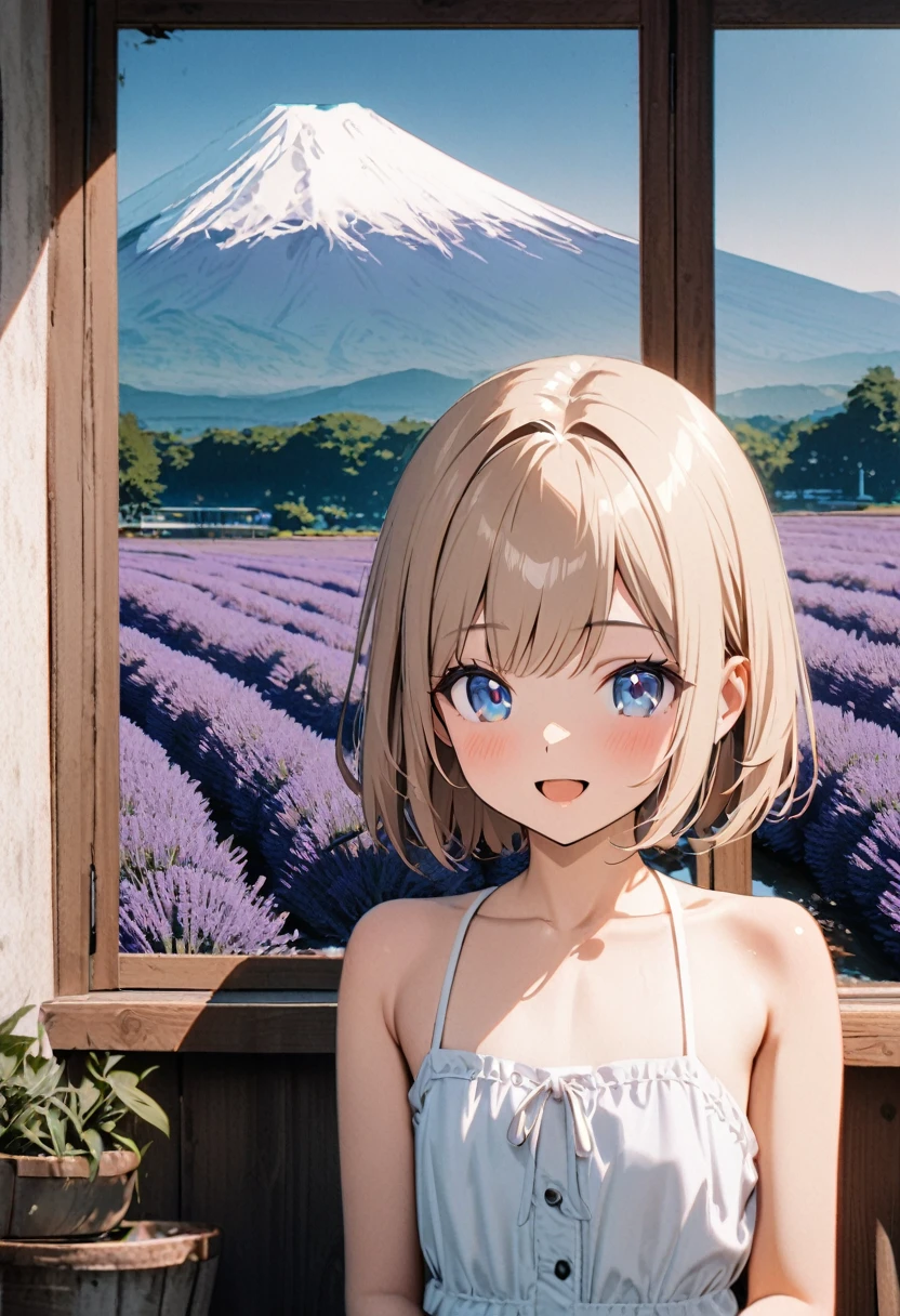 1 girl, 18yo, (flat chest: 1.5), blue eyes, light brown hair, bob cut, summer outfit, smile, open mouth, Lavender fields, big Lake, Mt. Fuji, upper body, bule sky, 8k, RAW photo, best quality, masterpiece, extremely detailed 8k wallpaper, ultra-detailed, best shadow, detailed background, beautiful detailed face, beautiful detailed eyes, nice hands, perfect hands