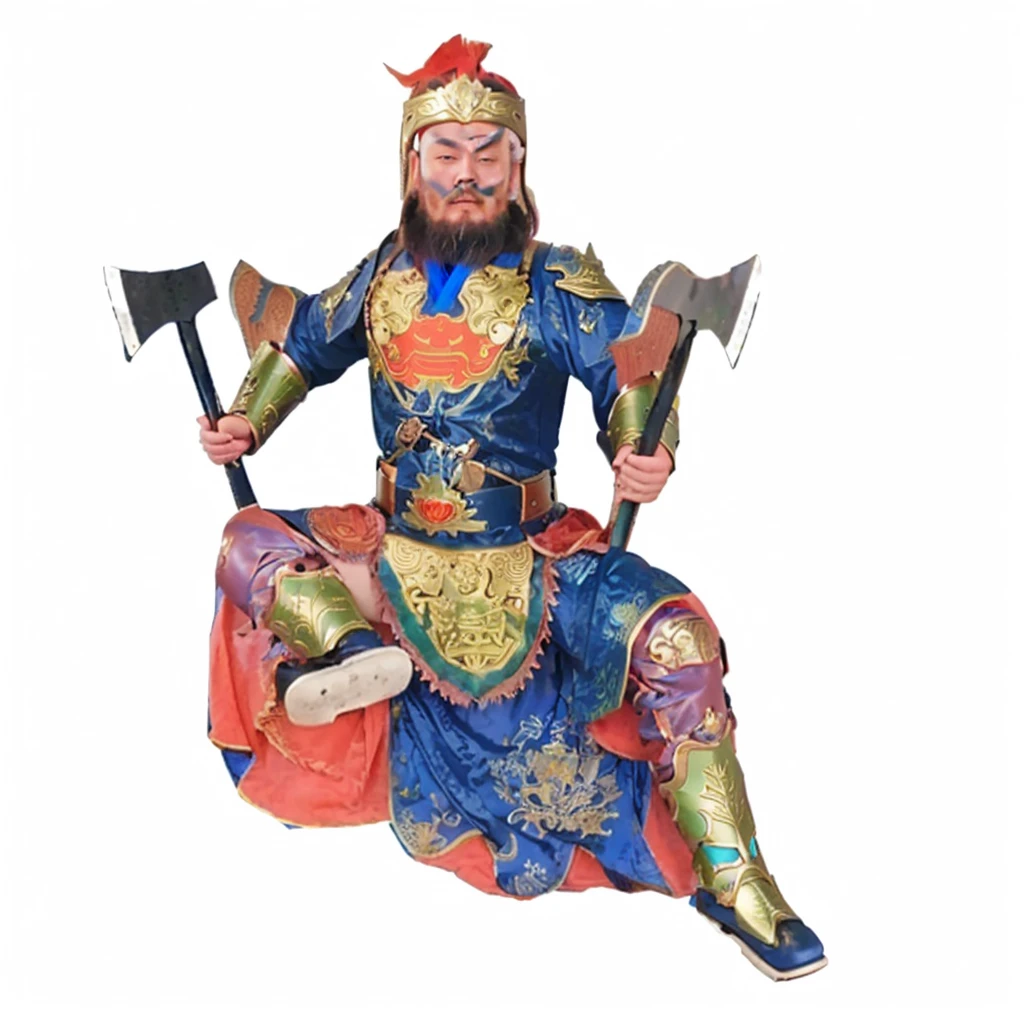 a chinese warrior with blue robe and armour, holding 2 axes, wild beard,  showing his boots sole