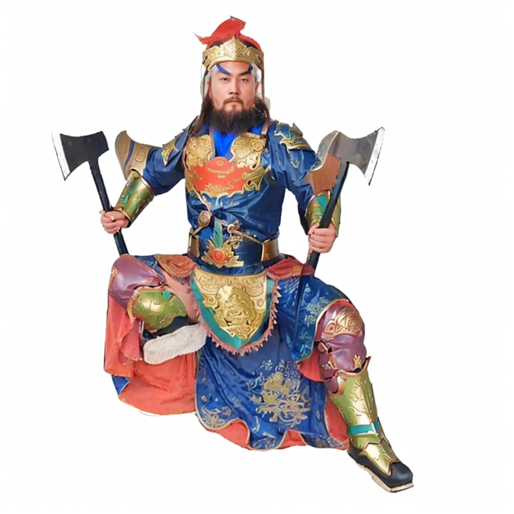 a chinese warrior with blue robe and armour, holding 2 axes, wild beard, showing his boots sole