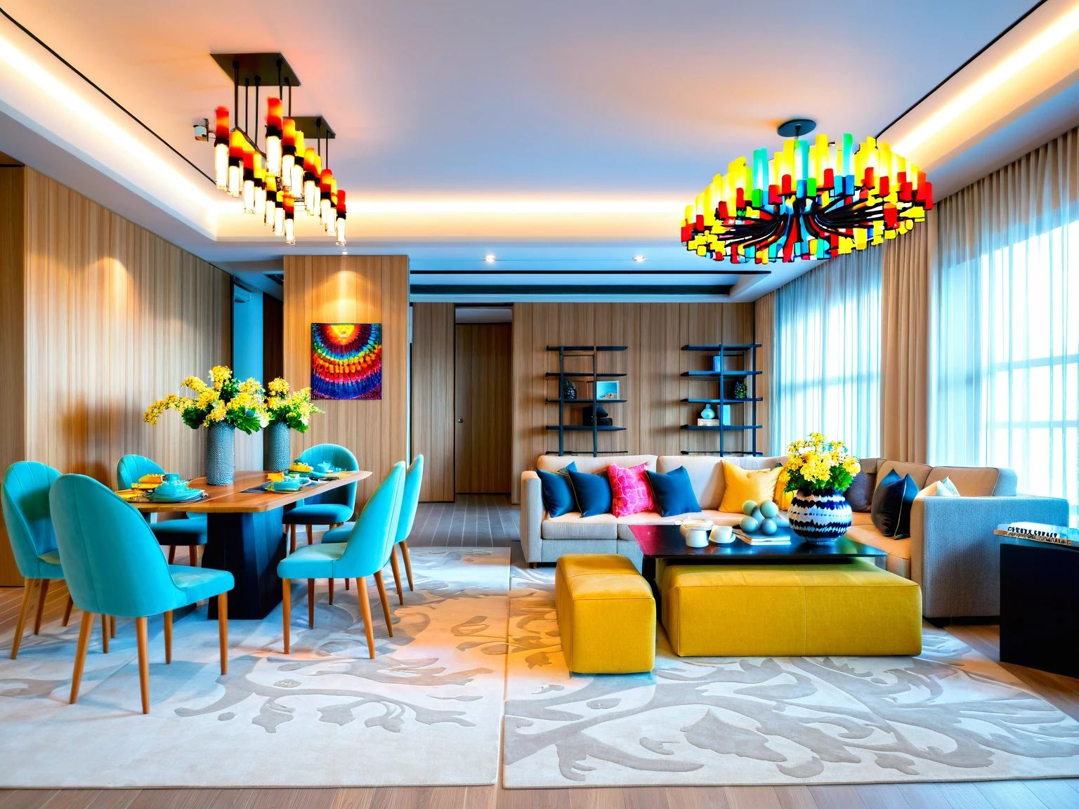 Raw photo, Masterpiece, high quality, best quality, authentic, super detail, indoors, living room style modern, sofa, table coffee, rug, dining table, chairs, flower vases, shelves, curtain walls, painting, windows, ceiling lights, chandeliers, minimalist line, vivid color,