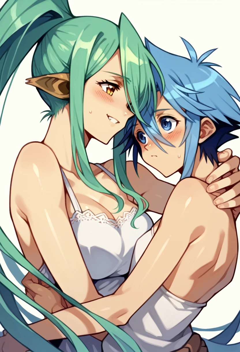 score_9, score_8_up, score_7_up, score_6_up, score_5_up, score_4_up, (source_anime), 2girls, monster musume no Iru Nichijou, (papi from monster musume, blue hair, kid girl), Centorea, yuri, Human and animal hybrid, age difference
