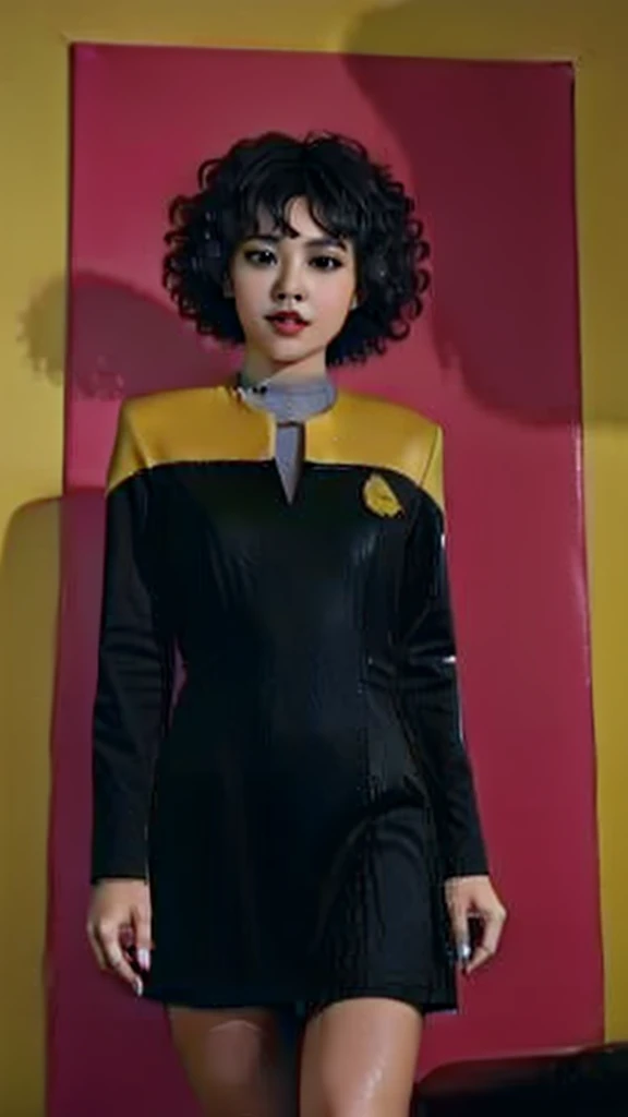 asian woman with curly hair in black and yellow voyunf uniform , lat3tch3stcut0ut,  dress, short latex dress, red pasties, 
on a starship