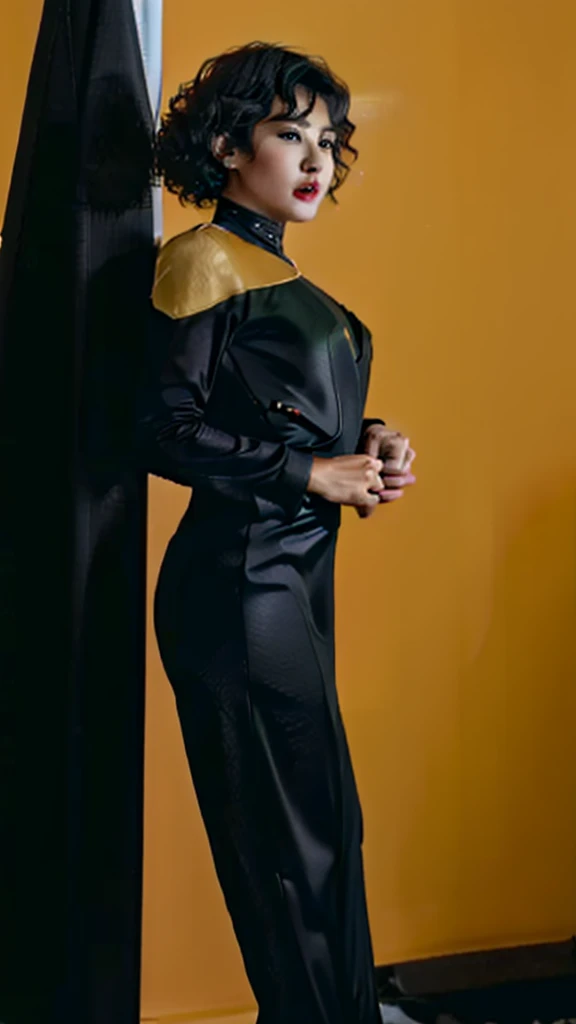 asian woman with curly hair in black and yellow voyunf uniform , lat3tch3stcut0ut, dress, short latex dress, red pasties,
on a starship