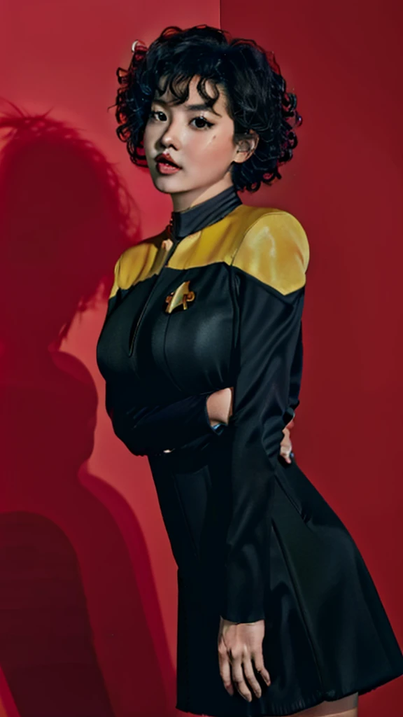 asian woman with curly hair in black and yellow voyunf uniform , lat3tch3stcut0ut,  dress, short latex dress, red pasties, 
on a starship