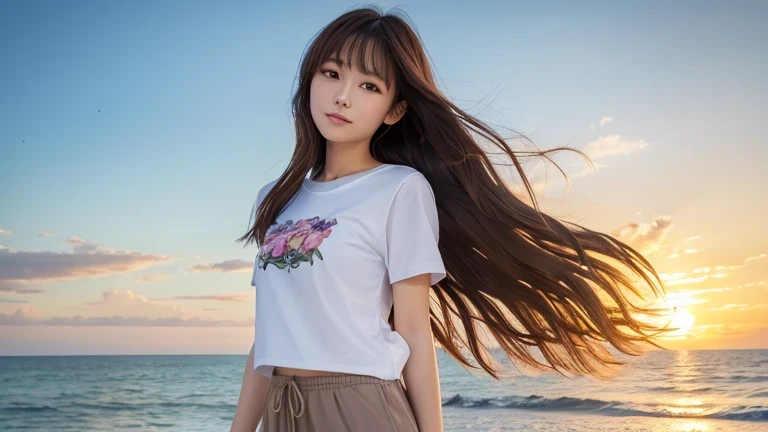 Produce the highest quality and highest resolution 8K images。Please draw the upper body of a 20 year old Japanese woman.。Please draw a picture of a person walking along a seaside promenade at sunset.。She has brown eyes and a model figure.、She has an idol-level cute face.。The hair is wavy。What to wear、Short sleeve T-shirt and pants。Skin has a healthy color。