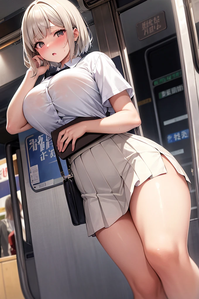 high resolution、high quality、Beautiful woman with her visible through her shirt、Big 、Beautiful woman holding a strap on、Bobcut、Very embarrassed、Beige silver hair、Sweaty、adult、indoor、Student Uniform、high school girl、Thighs、Very short skirt、A white shirt that looks like it's about to burst with her 、pants、Waistline