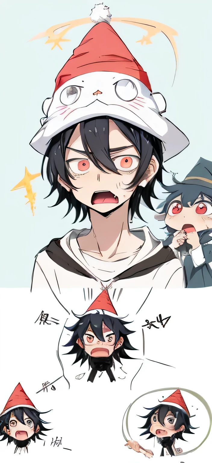 anime boy, wizard hat, black hair, cute, scared, shocked, facing the camera, high quality