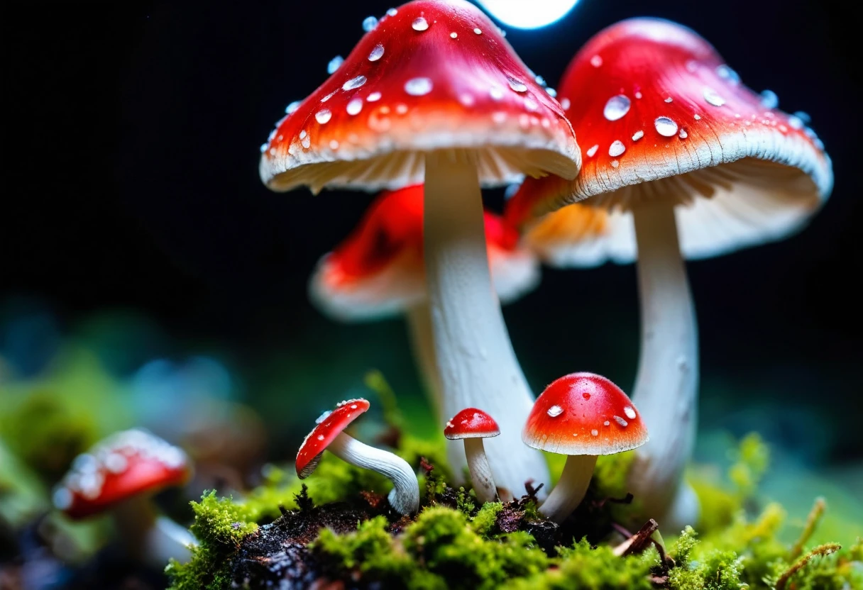 slimy translucent slug crawling on top of red and white mushroom, cinematic lighting, insane details, hyperrealistic extreme closeup macro photography, 64 megapixel DSLR