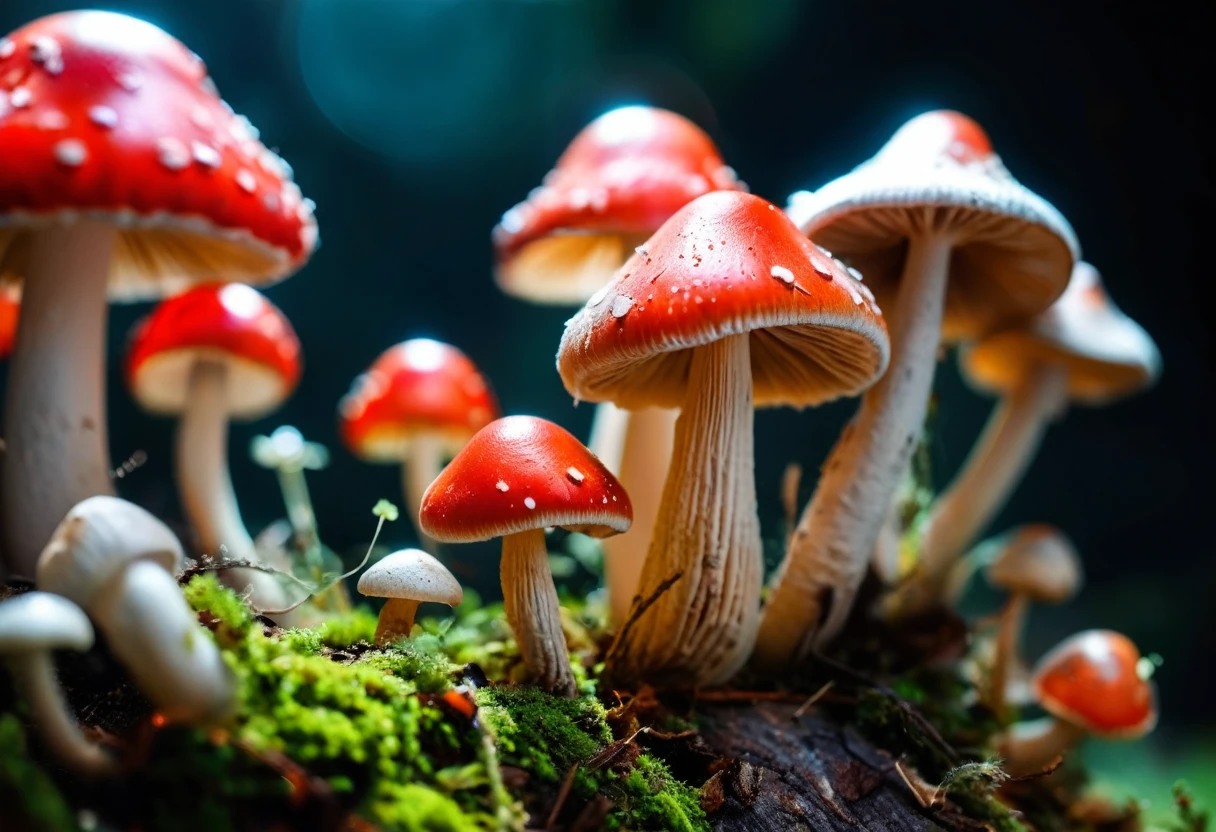 slimy translucent slug crawling on top of red and white mushroom, cinematic lighting, insane details, hyperrealistic extreme closeup macro photography, 64 megapixel DSLR