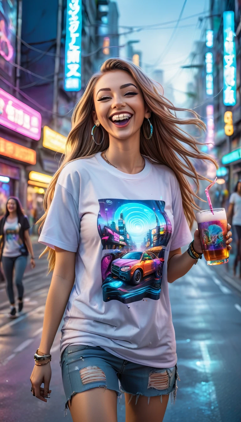 long straight haired adult women dressed in urban clothes t-shirts, In an urban landscape and holographic signs, HAPPY on the road. are drinking and laughing, The background is modern and cyberpunk, high tech vibe. Lovely Digital Painting, 3D rendering, Bright lighting, swirly vibrant colors. adult people, pessoas bonitas, different faces.