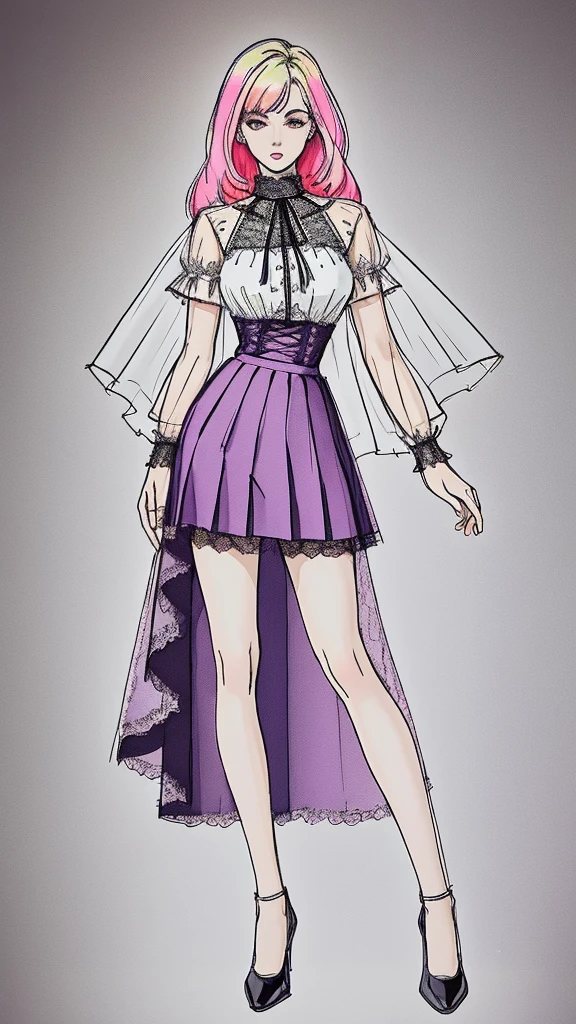 Croquis desing, Wearing a vivid pleated skirt and a sheer lace blouse, long legs