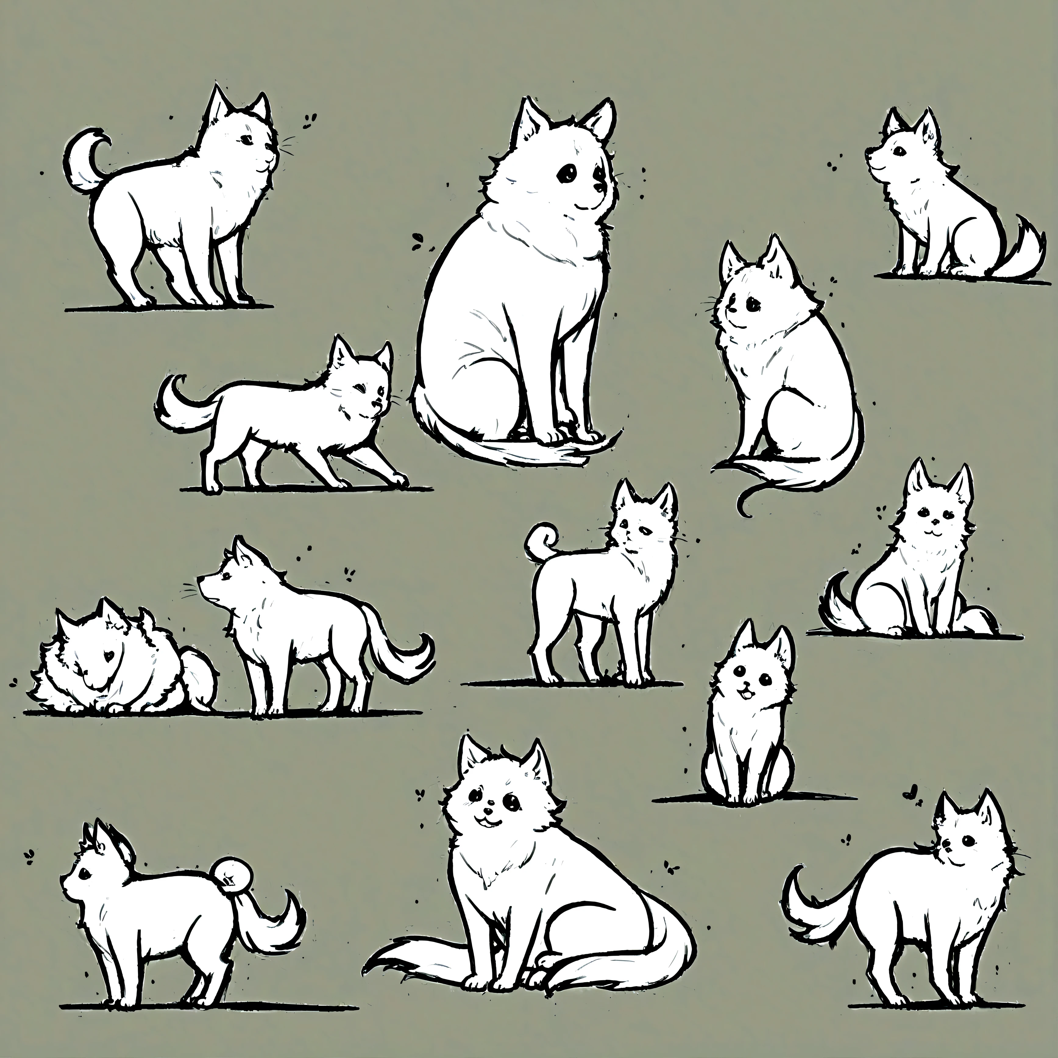 yeh, black andwhite, for drawing, thin-lines, feral, estilo fluffly, fully body, profile body, 4-legged, fluffly, average size, Puppy, 20 models on one paper, different from each other with several different landings, separated from each other in an invisible grid