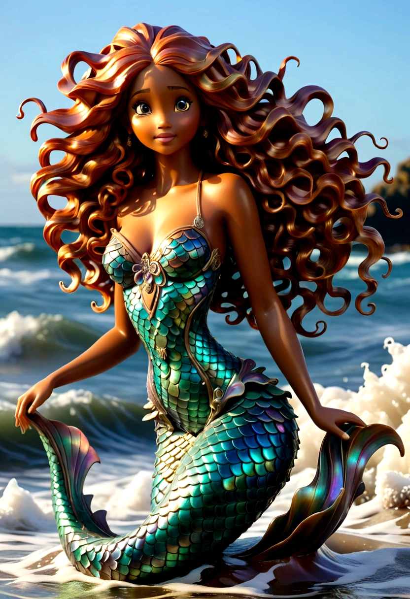 A stunning sculpture of a mermaid gracefully emerging from the ocean waves, her hair cascading in intricate curls and her tail shimmering with iridescent scales.