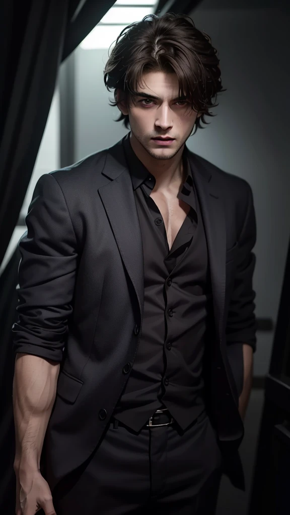 Highest quality, masterpiece, Ultra-high resolution, (Realistic:1.5), RAW Photos, One boy, suit, In the Dark, Deep Shadow, Modest, Cold Light,Has muscles,Sexy, masculine and wild look, short hair,suitを着てる