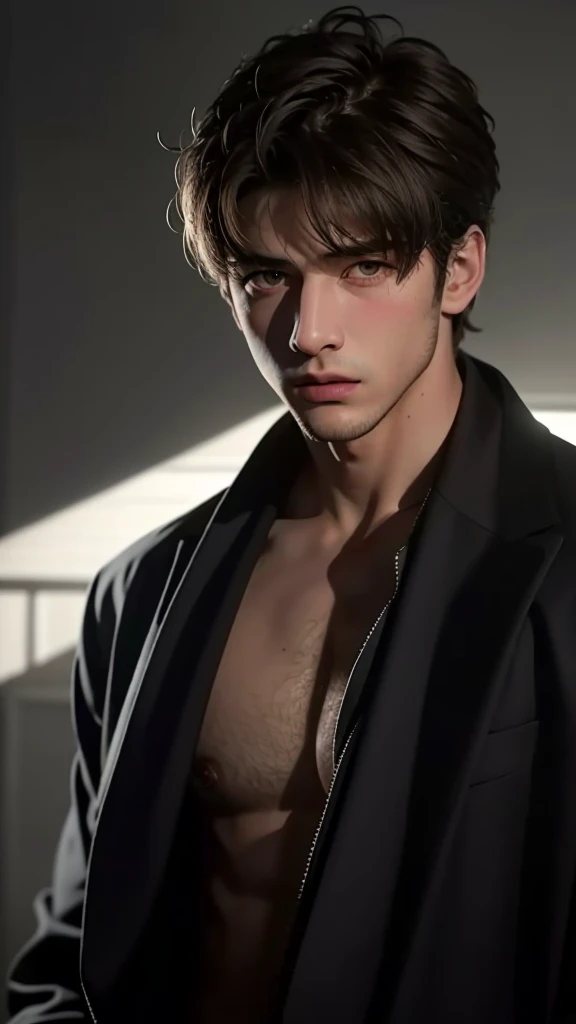 Highest quality, masterpiece, Ultra-high resolution, (Realistic:1.5), RAW Photos, One boy, suit, In the Dark, Deep Shadow, Modest, Cold Light,Has muscles,Sexy, masculine and wild look, short hair,suitを着てる