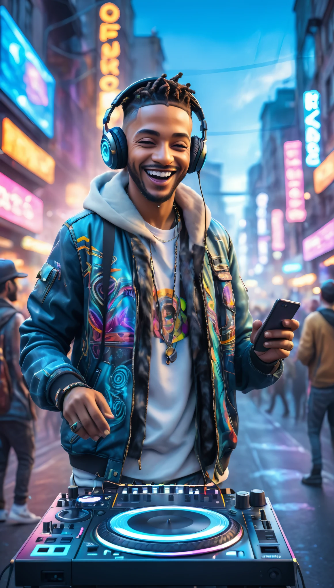 adult men dressed in urban clothes, In an urban landscape, he is a disc jockey and is playing his music to a crowd and holographic signs, HAPPY on the road. are drinking and laughing, The background is modern and cyberpunk, high tech vibe. Lovely Digital Painting, 3D rendering, Bright lighting, swirly vibrant colors. adult people, pessoas bonitas, different faces.