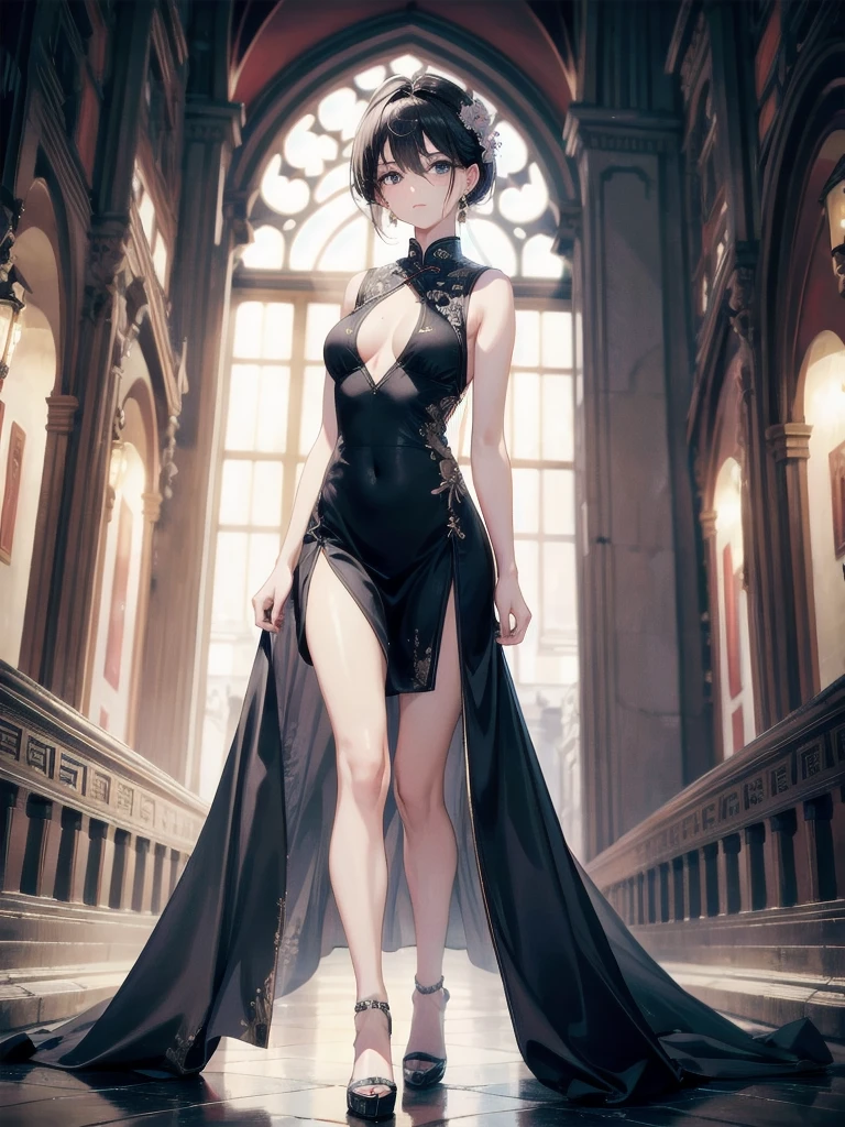 absurdres, RAW photo, extremely delicate and beautiful, masterpiece, Best Quality, ultra high resolution, 32k, hyperrealistic, ultra-detailed, perfect figure, in her 20s, very small head, very small face, delicate facial features, tearful mole, earring, huge breasts, legs, full body shot, medium hair, black hair, cheongsam, sleeveless, deep slit,