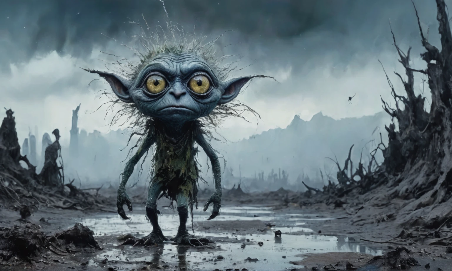pretty face,eyebrow up,full body length shot,obsidian elf,full body length shot,very beggar niobium Manganite The Alien Entity, babychild, wants eat,full body shot of full body shot of psychedelic style ,The iris looks weird, attractive, The stars in space is reflected in the pupil, goose down eyelashes, long wavy luminescent hair, baggy clothes,  the Lord of the Rings, ,Extremely detailed,High contrast,Masterpiece,Realism,Ultra Detailed, intricate details,realistic humid leather, cinematic style,irina yermolova,high contrast,hdr,extremely detailed, [deep night landscape],masterpiece,intricate details,faded,eyes extremely detailed,Silverclaw,view from height,full-body-shot,High contrast,Masterpiece,Realistic,Ultra Detailed,intricate details,realistic humid skin,extremly intricate,realism,photorealism, cinematic style,irina yermolova,HDR,((Wangechi Quality)),extremely detailed,masterpiece,intricate details,faded,eyes extremely detailed, high detailed eyes,16k resolution,RAW, Nikon Z9,authentic,full body length,Labradorite babygirl,native italian troll ,pretty face,eyebrow up,full body shot,ominous landscape,glate gray atmosphere,by art Simon Stalenhag,Nicola Samori,(((Wangechi Mutu))),prime colors,urban,extremely detailed,masterpiece,intricate details,faded,eyes extremely detailed, high detailed eyes,4k resolution,RAW, Nikon Z9,scary town,stalker,goblin,Dubai of United Arab Emirates,Mestichino,Light particles,marble leather ,ink photography ,Mestichino,Light particles,chaos