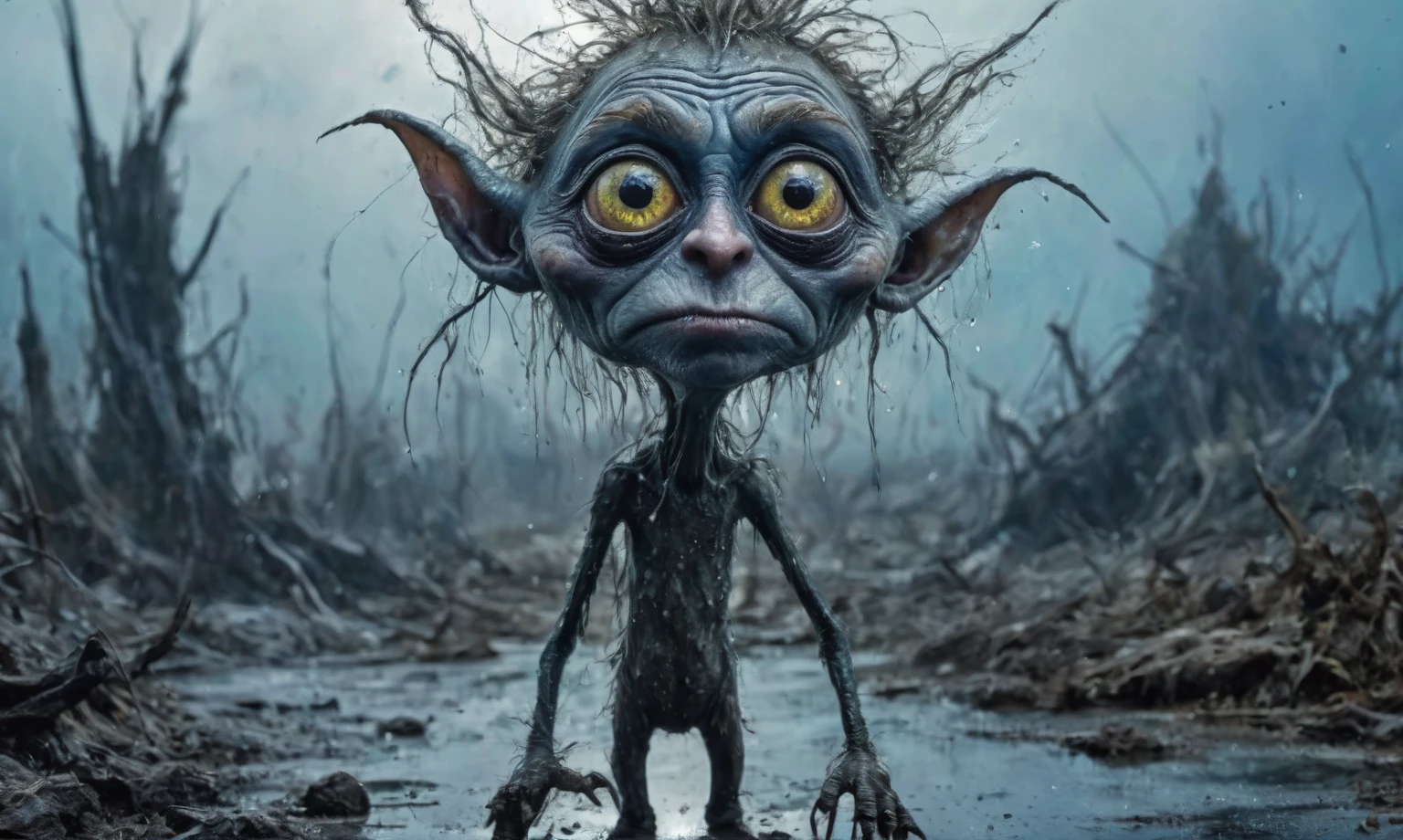 pretty face,eyebrow up,full body length shot,obsidian elf,full body length shot,very beggar niobium Manganite The Alien Entity, babychild, wants eat,full body shot of full body shot of psychedelic style ,The iris looks weird, attractive, The stars in space is reflected in the pupil, goose down eyelashes, long wavy luminescent hair, baggy clothes,  the Lord of the Rings, ,Extremely detailed,High contrast,Masterpiece,Realism,Ultra Detailed, intricate details,realistic humid leather, cinematic style,irina yermolova,high contrast,hdr,extremely detailed, [deep night landscape],masterpiece,intricate details,faded,eyes extremely detailed,Silverclaw,view from height,full-body-shot,High contrast,Masterpiece,Realistic,Ultra Detailed,intricate details,realistic humid skin,extremly intricate,realism,photorealism, cinematic style,irina yermolova,HDR,((Wangechi Quality)),extremely detailed,masterpiece,intricate details,faded,eyes extremely detailed, high detailed eyes,16k resolution,RAW, Nikon Z9,authentic,full body length,Labradorite babygirl,native italian troll ,pretty face,eyebrow up,full body shot,ominous landscape,glate gray atmosphere,by art Simon Stalenhag,Nicola Samori,(((Wangechi Mutu))),prime colors,urban,extremely detailed,masterpiece,intricate details,faded,eyes extremely detailed, high detailed eyes,4k resolution,RAW, Nikon Z9,scary town,stalker,goblin,Dubai of United Arab Emirates,Mestichino,Light particles,marble leather ,ink photography ,Mestichino,Light particles,chaos