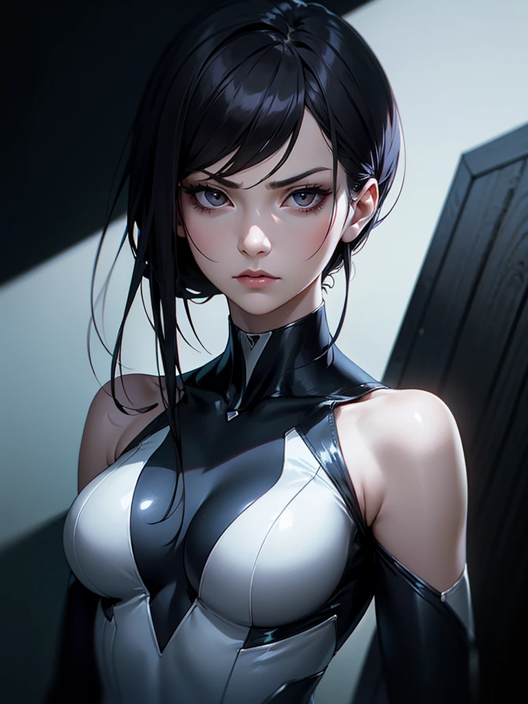 ((Portrait Photo)), She has an Indifferent and Stoic Appearance, with a Slim, Graceful Build. She Expresses a Cold and Detached Look, Giving Off an Unapproachable and Mysterious Attitude. She has Pale Skin and Deep, Dark Eyes, Her Hair is Long, Straight, and Jet Black. She Wears a High-Leg Bodysuit, Accentuating Her Elegant Presence. ((Portrait Photo, HDR, Dark Background))