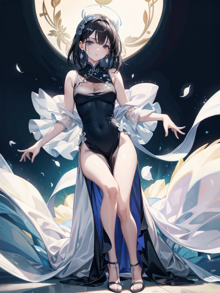 absurdres, RAW photo, extremely delicate and beautiful, masterpiece, Best Quality, ultra high resolution, 32k, hyperrealistic, ultra-detailed, perfect figure, in her 20s, very small head, very small face, delicate facial features, tearful mole, earring, huge breasts, legs, full body shot, medium hair, black hair, cheongsam, sleeveless, deep slit,