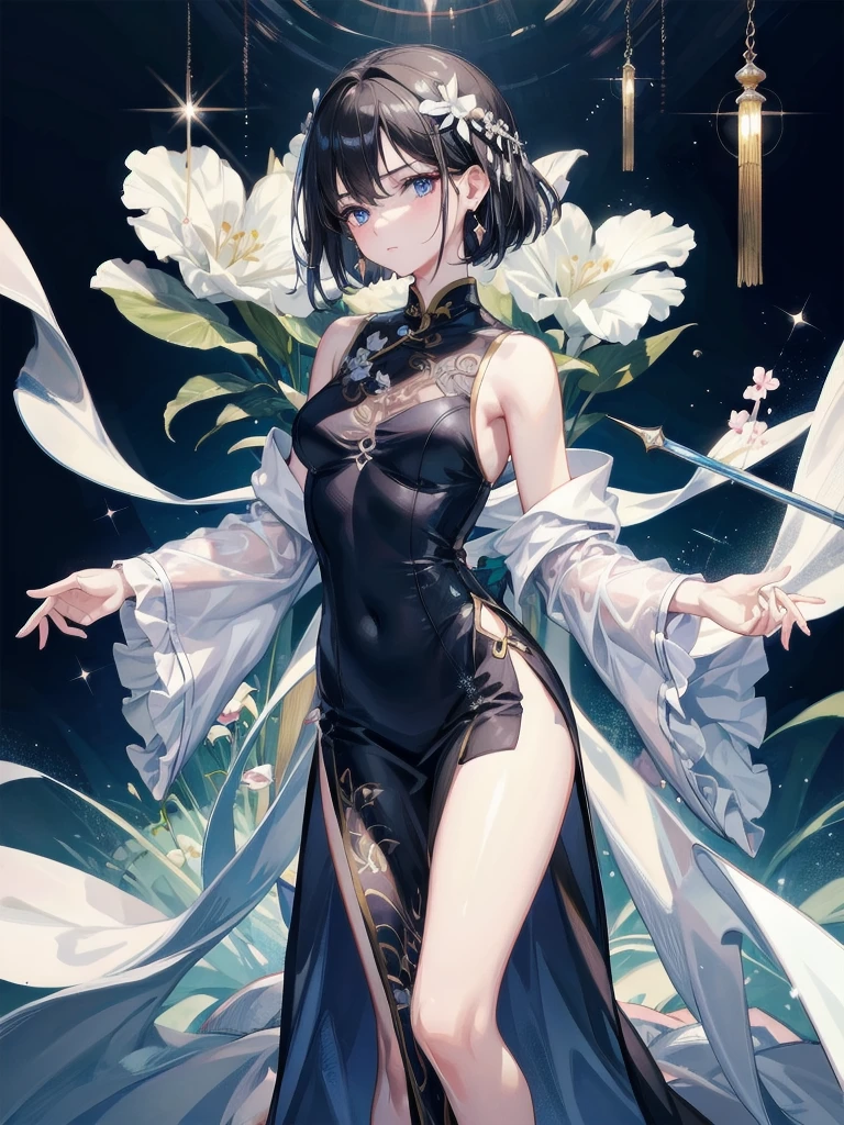 absurdres, RAW photo, extremely delicate and beautiful, masterpiece, Best Quality, ultra high resolution, 32k, hyperrealistic, ultra-detailed, perfect figure, in her 20s, very small head, very small face, delicate facial features, tearful mole, earring, huge breasts, legs, full body shot, medium hair, black hair, cheongsam, sleeveless, deep slit,