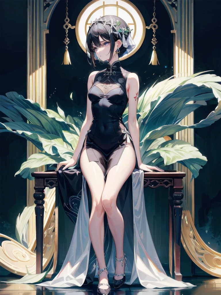 absurdres, RAW photo, extremely delicate and beautiful, masterpiece, Best Quality, ultra high resolution, 32k, hyperrealistic, ultra-detailed, perfect figure, in her 20s, very small head, very small face, delicate facial features, tearful mole, earring, huge breasts, legs, full body shot, medium hair, black hair, cheongsam, sleeveless, deep slit,